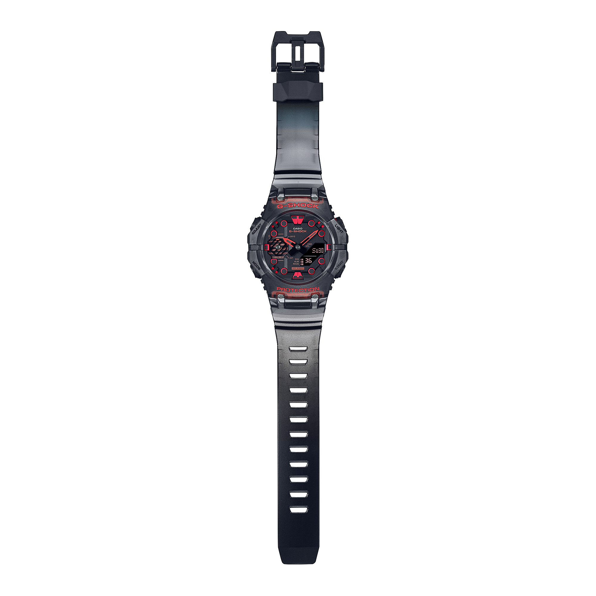 Rugged digital wristwatch with a black band and red accents on the face.