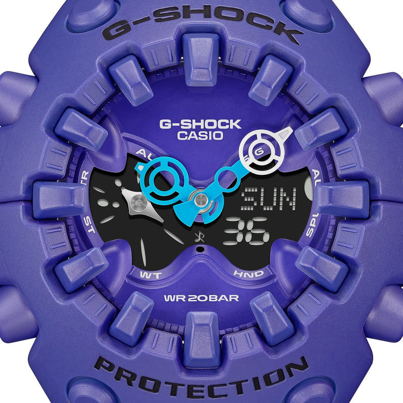 Close-up of Casio G-Shock Ultimate Toughness Purple Watch GAV01-2A with bold analog-digital face design.