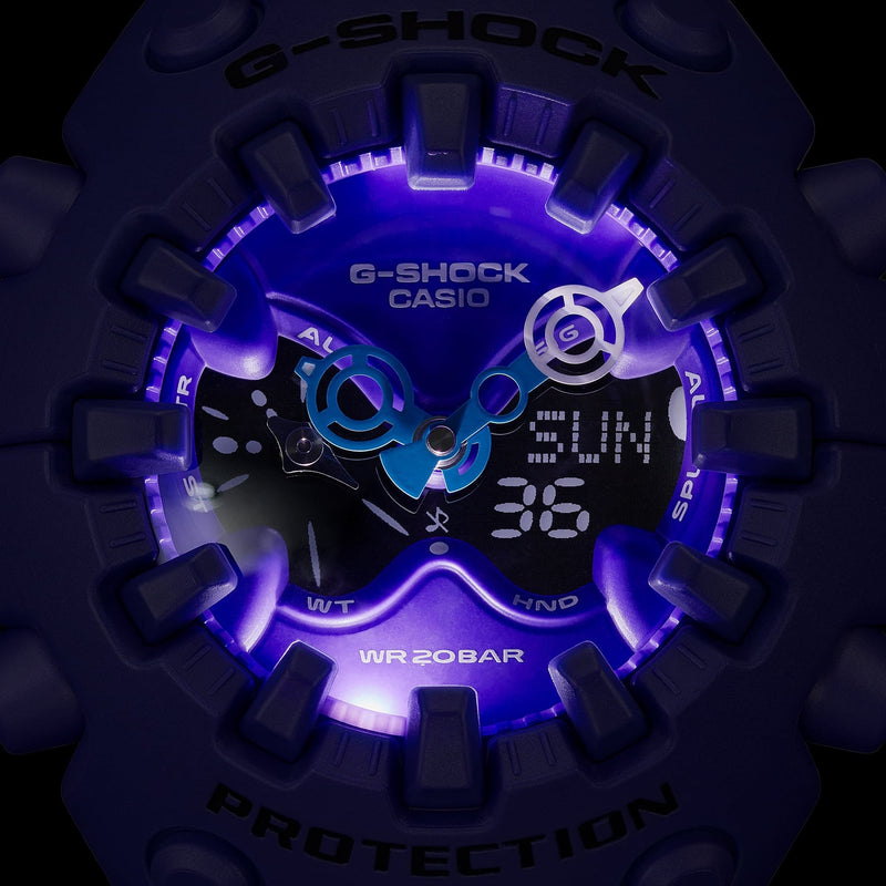 Illuminated dial of the G-Shock Ultimate Toughness Purple Watch GAV01-2A by Casio showing bold, rugged design.
