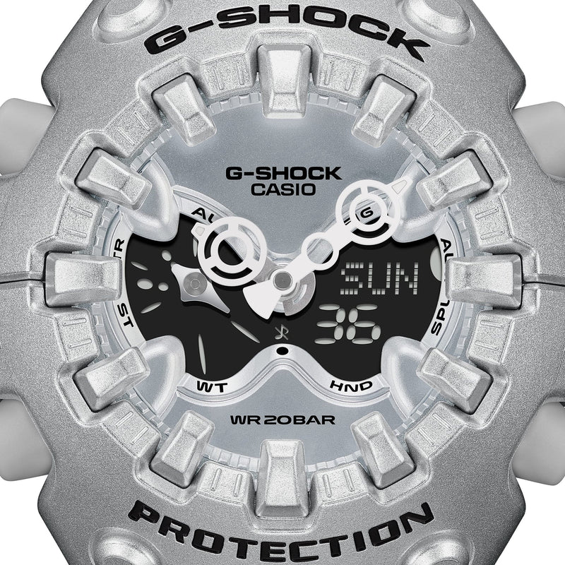 Close-up of the G-Shock Ultimate Toughness Silver Watch GAV01A-8A with bold dial design by Casio.