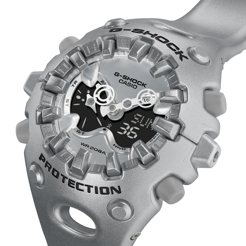 Casio G-Shock Ultimate Toughness Silver Watch GAV01A-8A with rugged bezel and bold futuristic design.