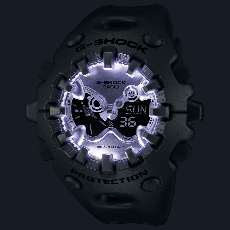 Illuminated G-Shock Ultimate Toughness Silver Watch GAV01A-8A showcasing bold design and durable build by Casio.