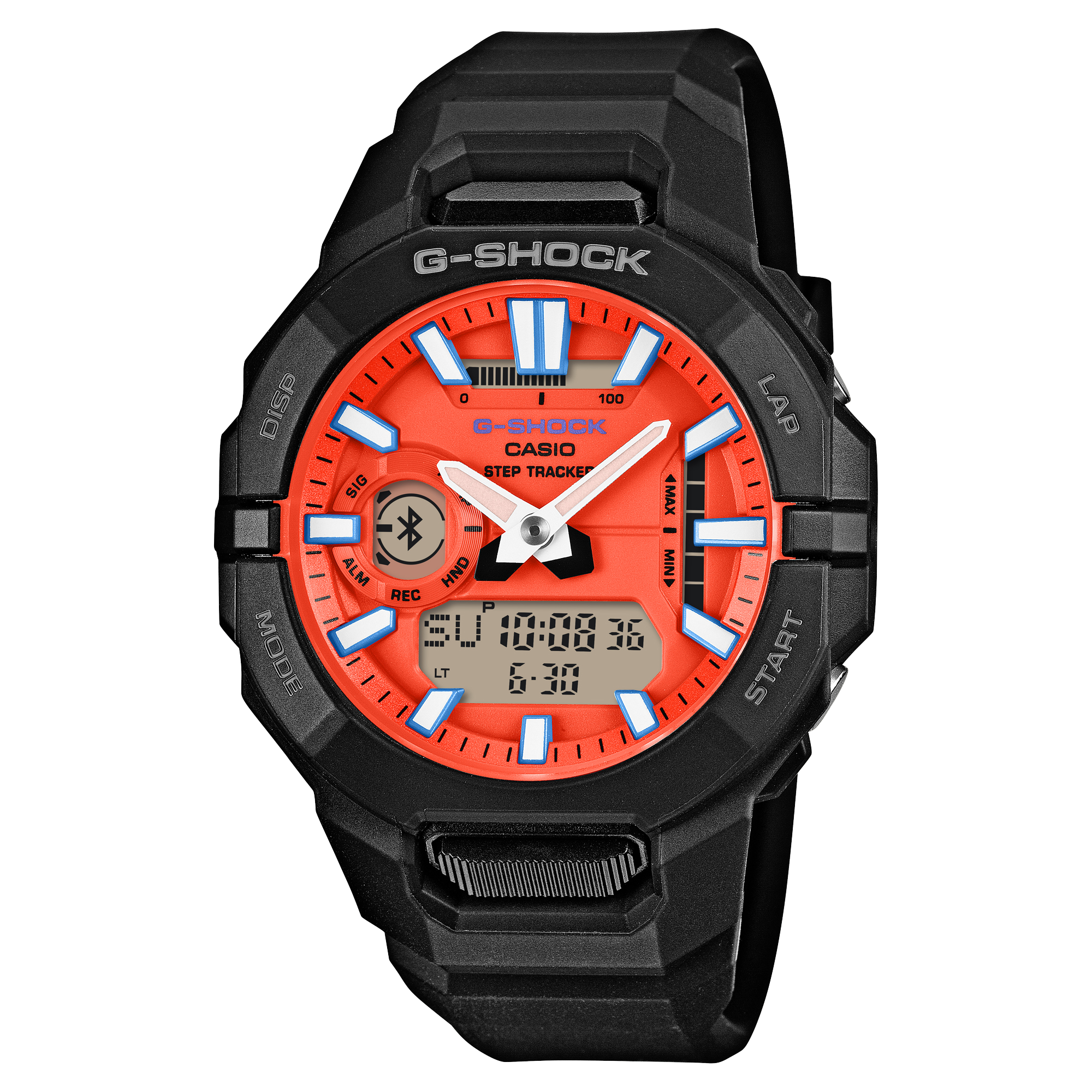 G-Shock MOVE GBA950-1A4 orange dial on a black resin band, shown straight on.