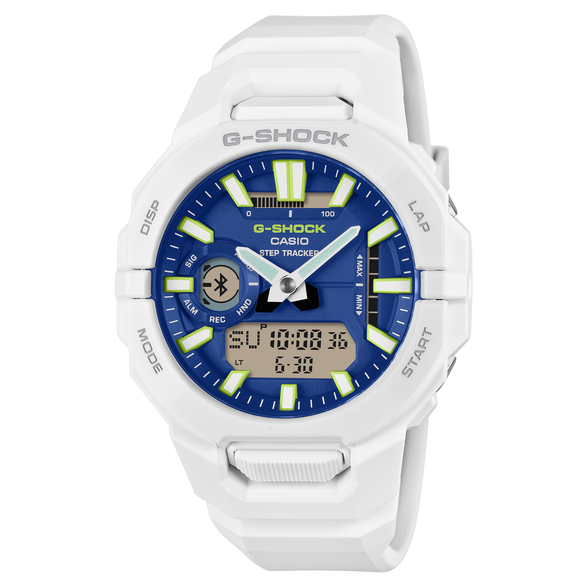 G-Shock MOVE GBA950-7A2 blue dial on a white resin band, shown straight on.