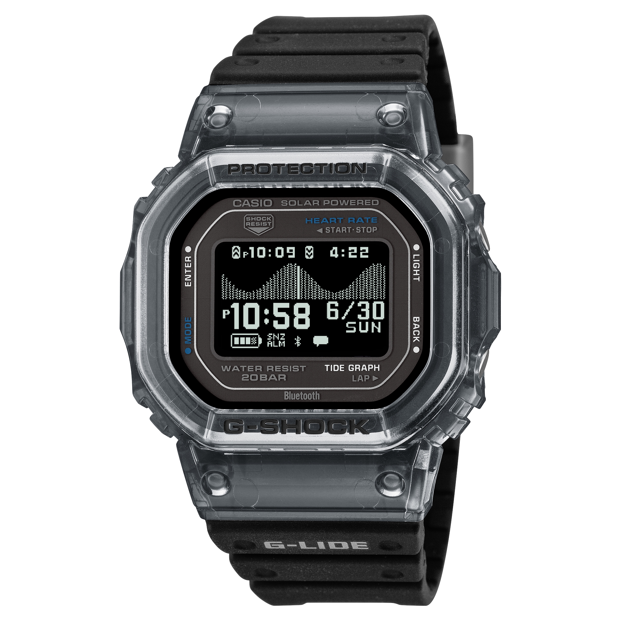G-Shock G-LIDE wristwatch with a clear translucent case and black resin band.