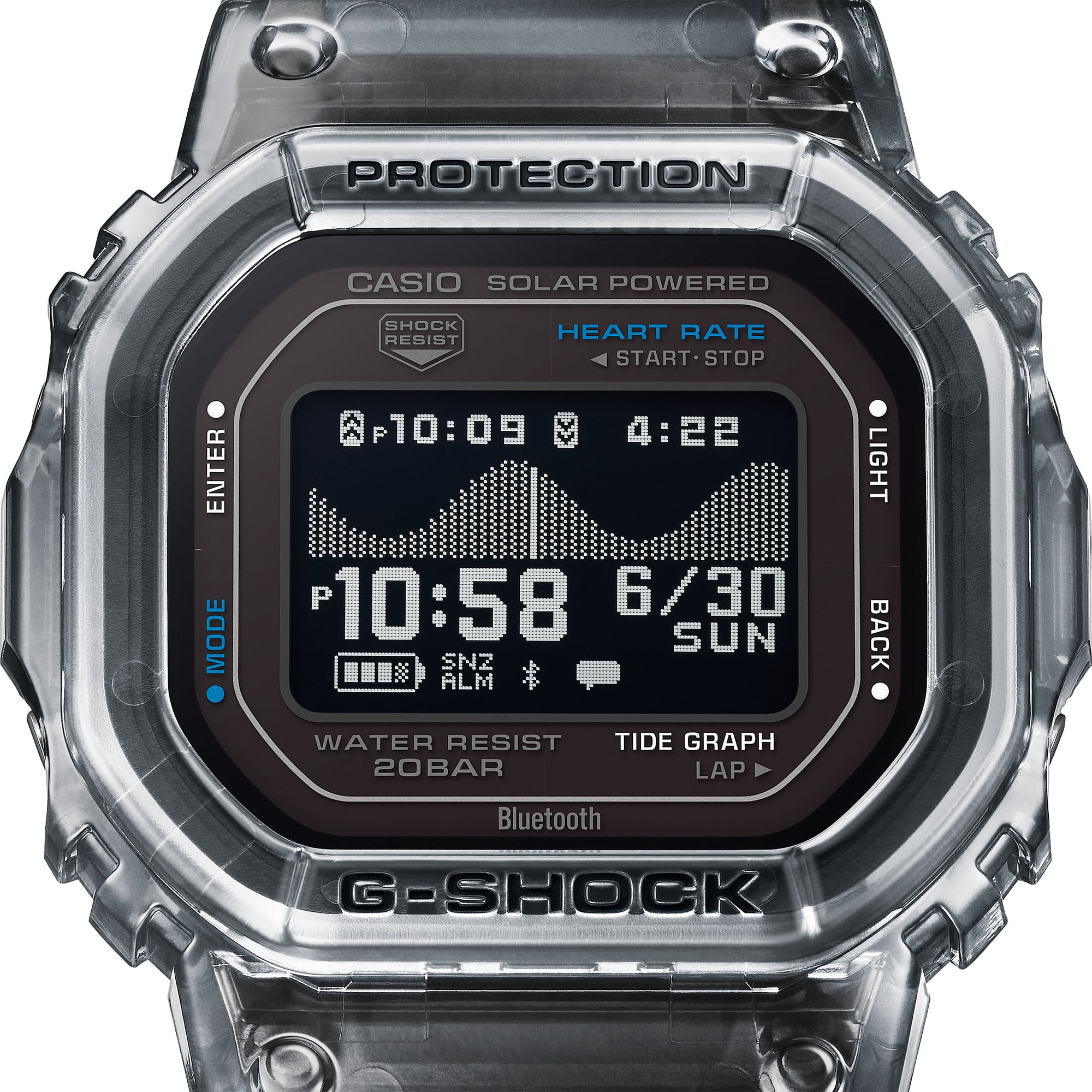 Detail view of the G-Shock GBXH5600-1D clear case and buttons.