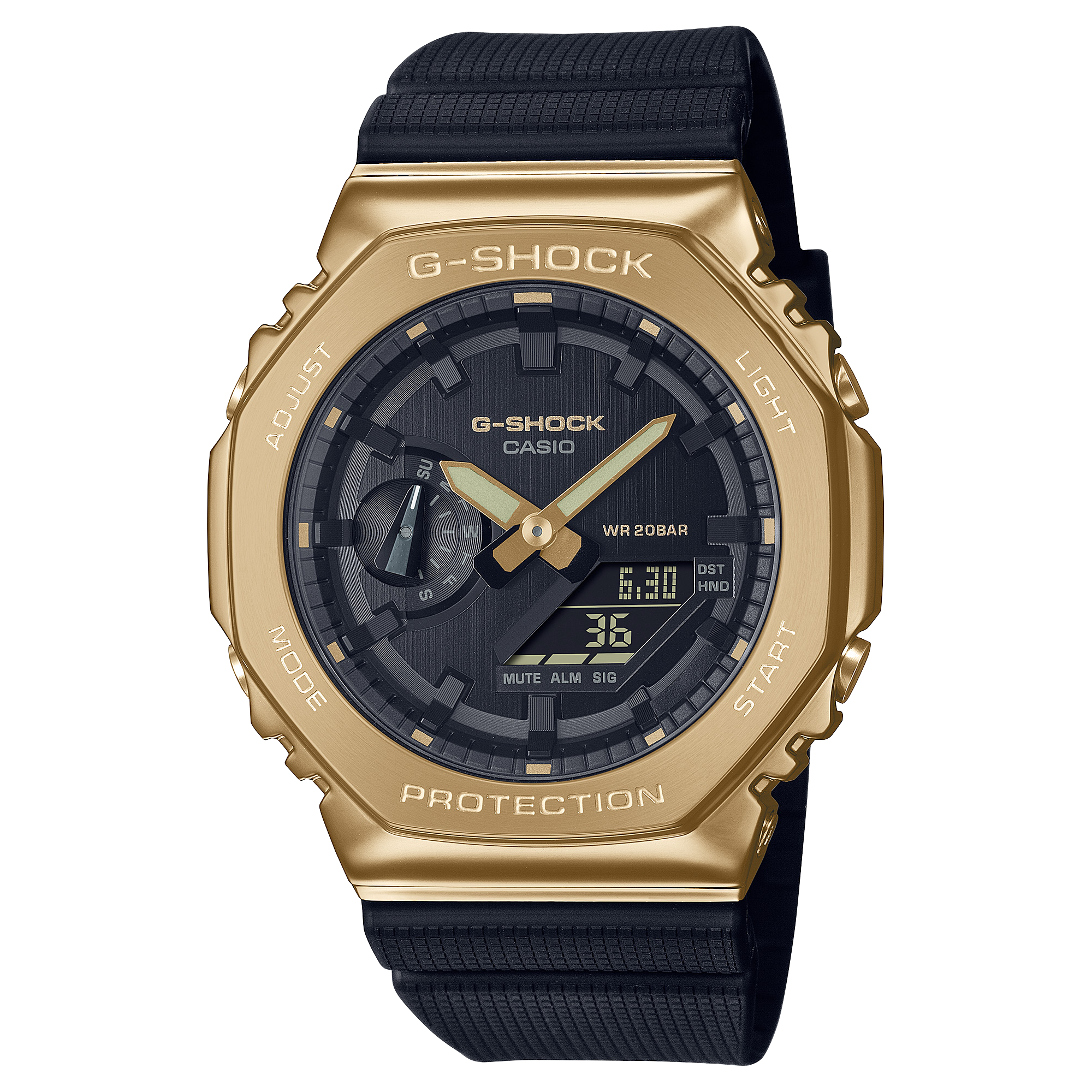 Gold and black G-Shock wristwatch with analog-digital display and fabric strap.