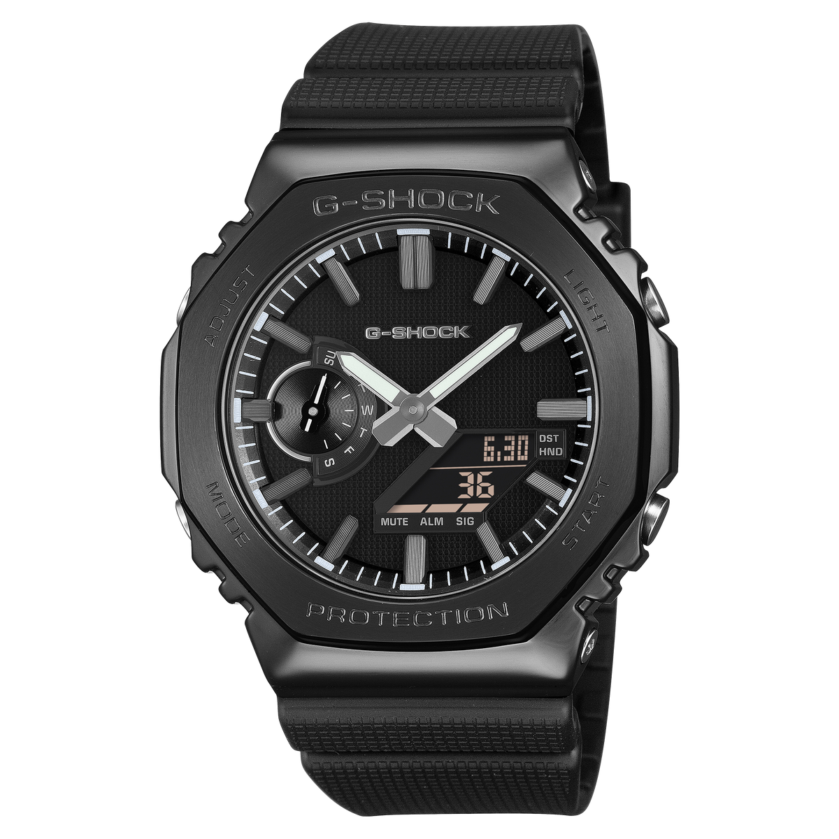 G-Shock CasiOak Luxe wristwatch with a black metal octagonal bezel and black resin band.