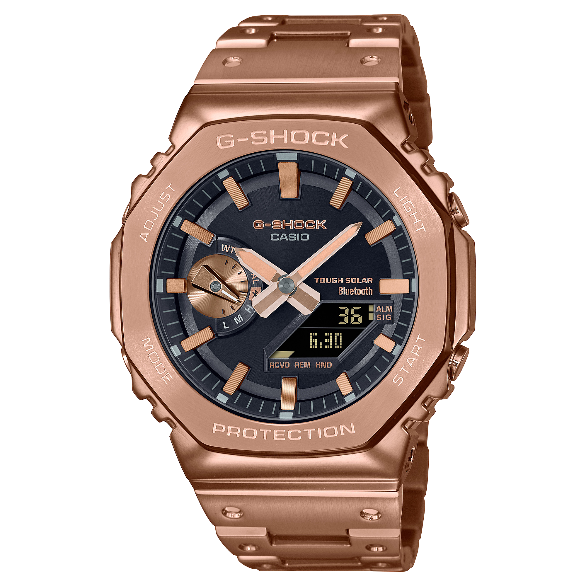 Rose gold G-Shock watch with a black dial and digital-analog display.