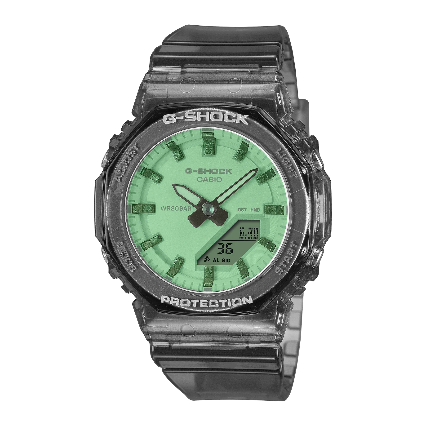 G-Shock Slim CasiOak Digital Transparent Black Green Dial Watch GMAP2100SR-1A
