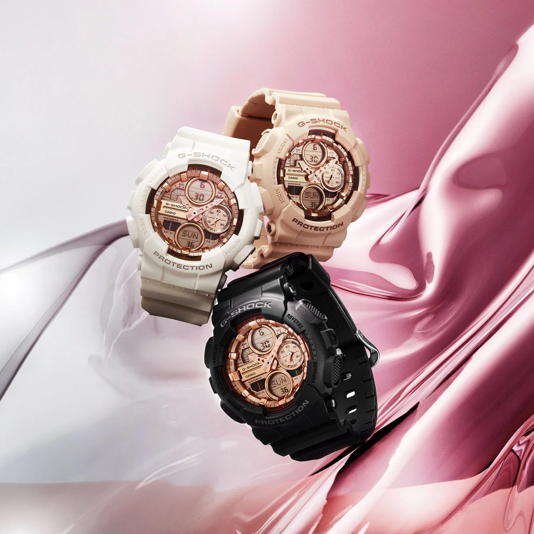 G-Shock Analog Digital Mid Size White Resin Band Metallic Pink Dial Watch GMAS140PG-7A