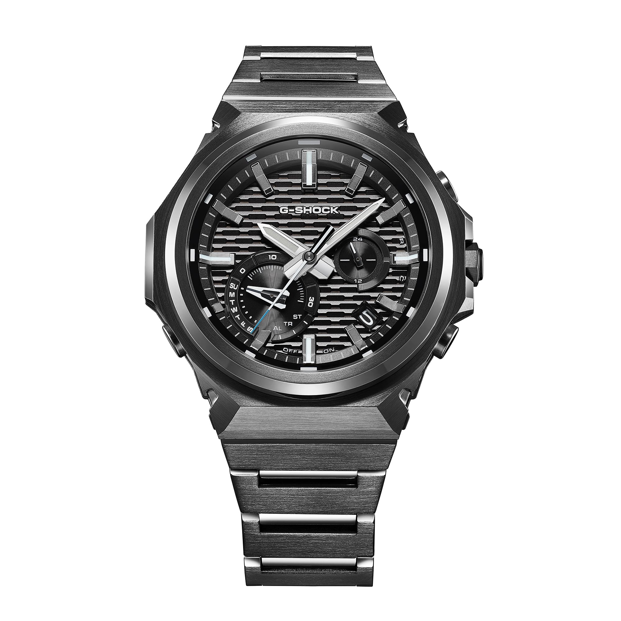 Front view of the black G-Shock GSTB1000BD-1A analog dial.