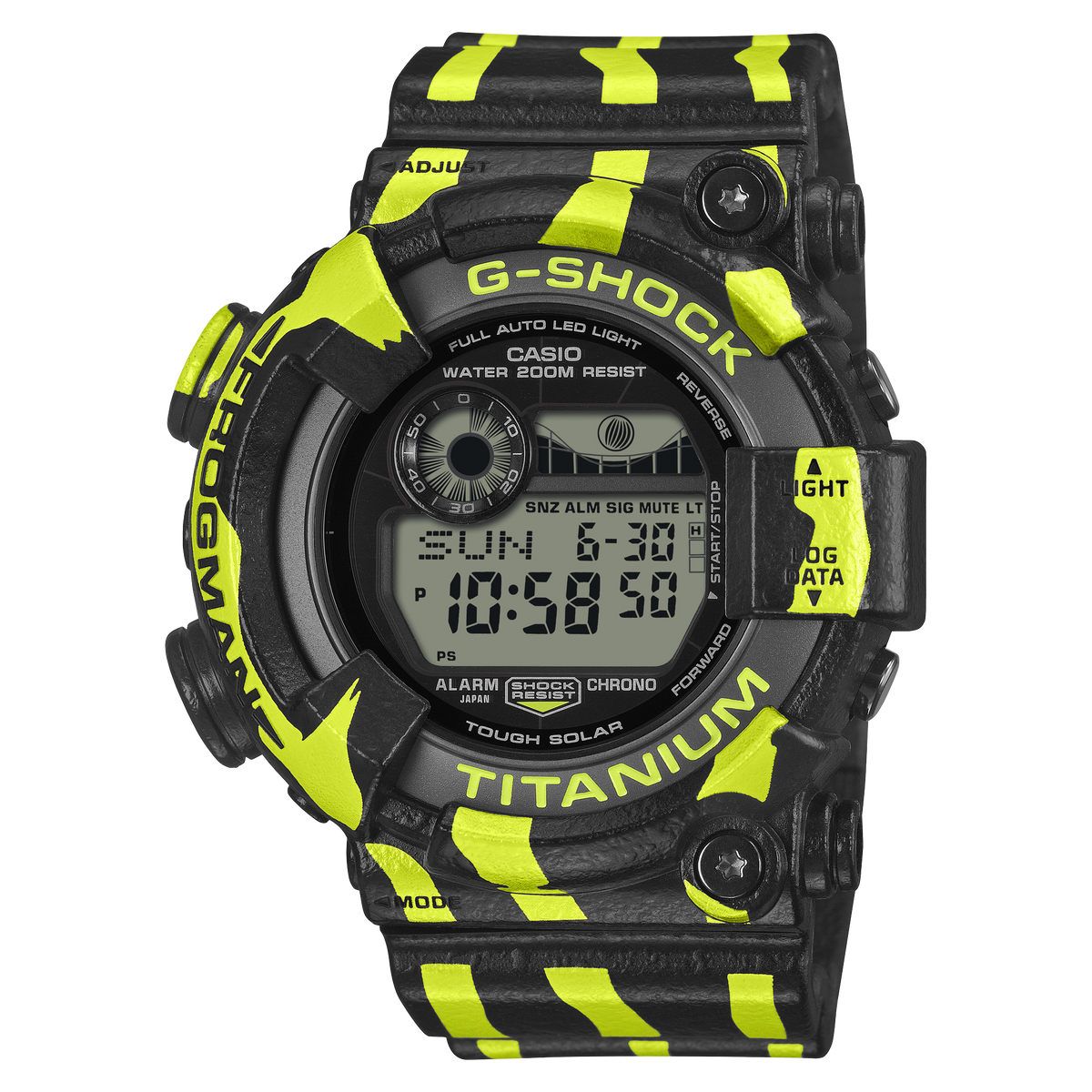 G-Shock Frogman GW8200TPF-1D diver's watch with fluorescent green stripes on a black resin band, front view