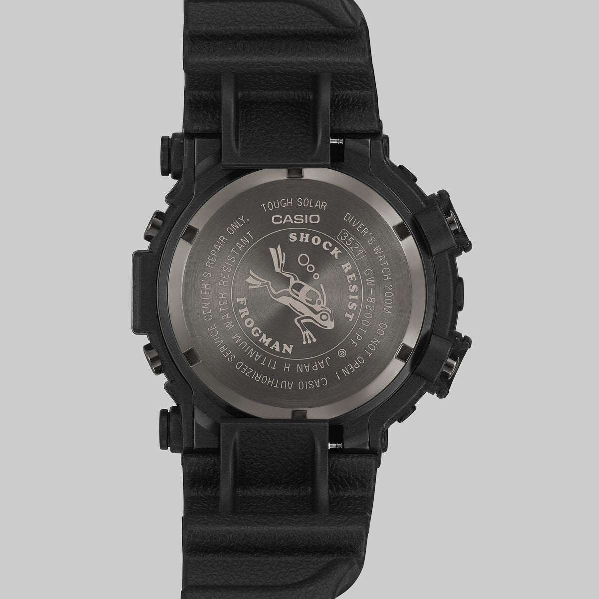 Case back of the G-Shock Frogman GW8200TPF-1D showing the engraved diving frog
