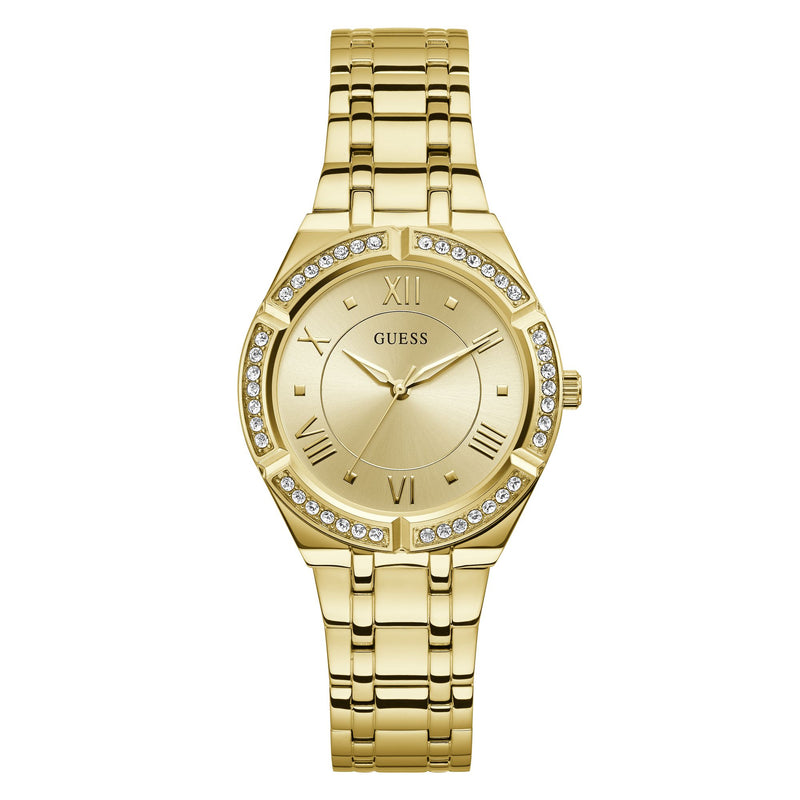 GUESS Gold Cosmo Crystal Watch GW0033L2 with a gold-tone dial, crystal-embellished case, and gold bracelet for timeless elegance.