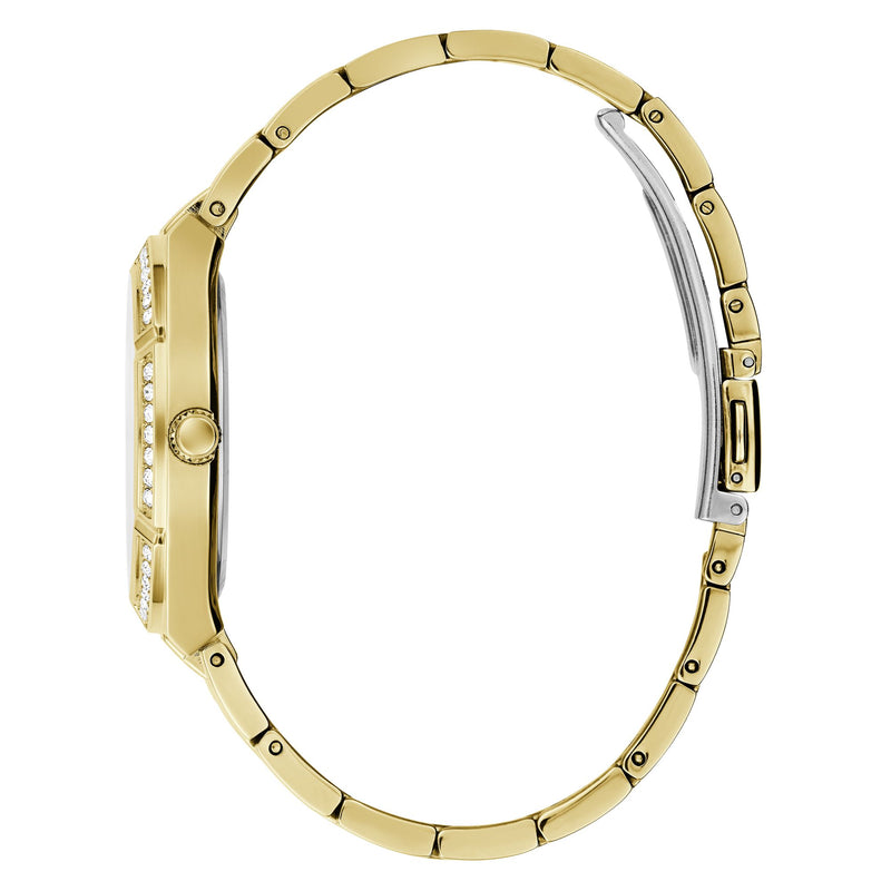GUESS Gold Cosmo Crystal Watch GW0033L2 with gold-tone bracelet, crystal-embellished case, and sleek side profile design.