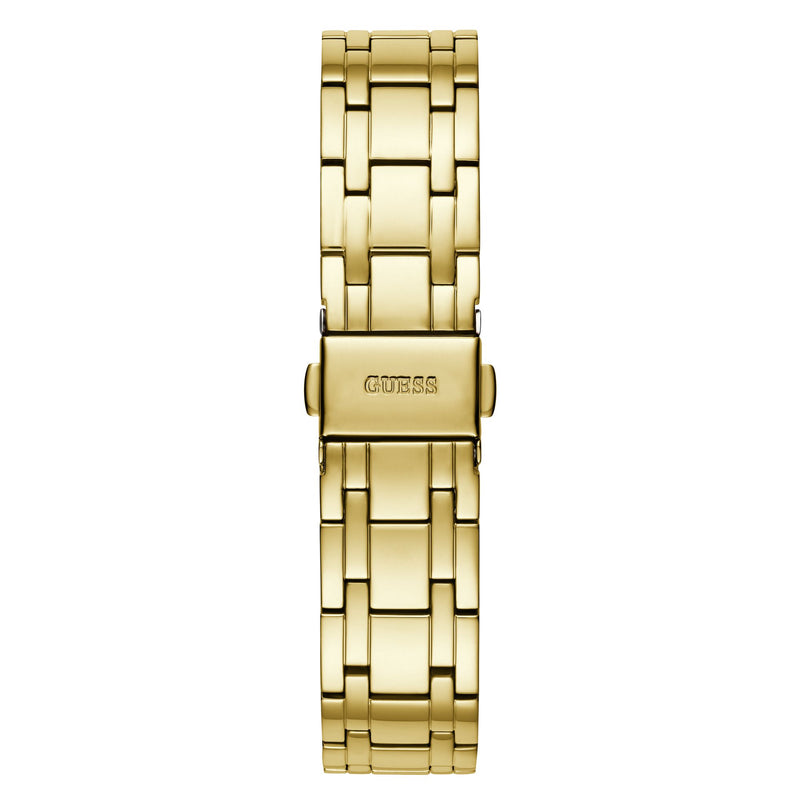GUESS Gold Cosmo Crystal Watch GW0033L2 with a gold-tone stainless steel bracelet and engraved clasp for a luxurious finish.