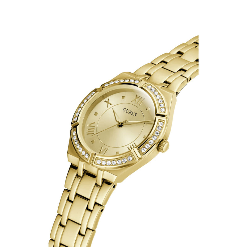GUESS Gold Cosmo Crystal Watch GW0033L2 with gold-tone dial, crystal-embellished case, and gold bracelet for a glamorous look.
