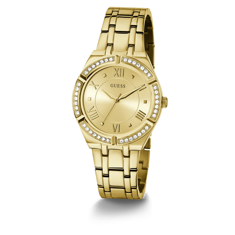 GUESS Gold Cosmo Crystal Watch GW0033L2 with gold-tone dial, crystal-embellished case, and gold bracelet for a glamorous look.