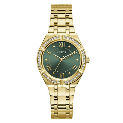GUESS Green Cosmo Crystal Watch GW0033L8 with gold bracelet, crystal accents, and green dial for a chic, timeless look.