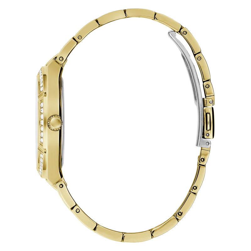 GUESS Green Cosmo Crystal Watch GW0033L8 with a gold bracelet, crystal accents, and a chic, feminine design for any outfit.