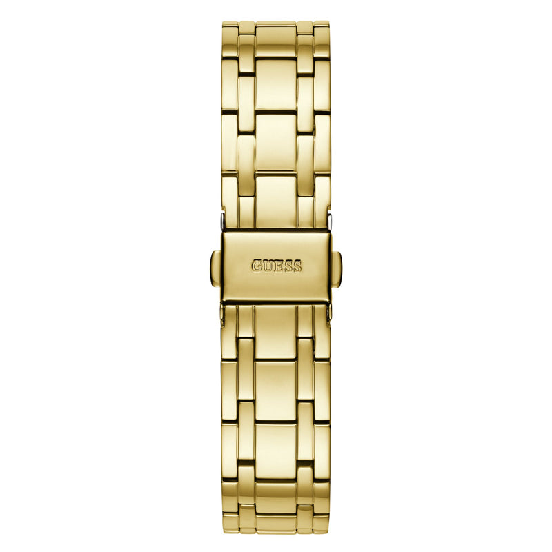Gold bracelet detail of the GUESS Green Cosmo Crystal Watch GW0033L8, featuring a sleek design with a branded clasp.