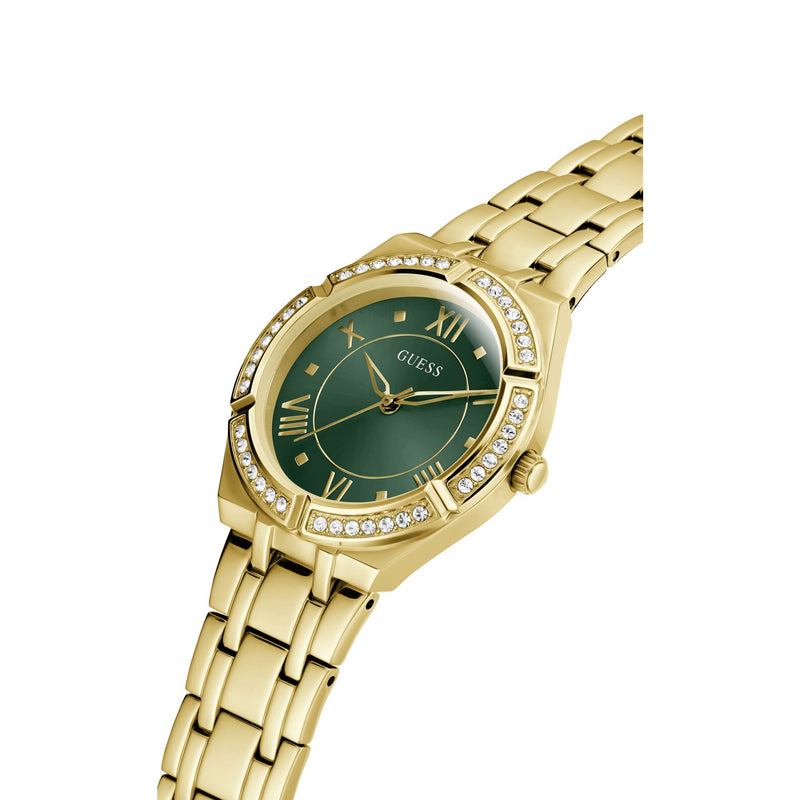 GUESS Green Cosmo Crystal Watch GW0033L8 with gold bracelet, crystal accents, and green dial for a chic, timeless look.