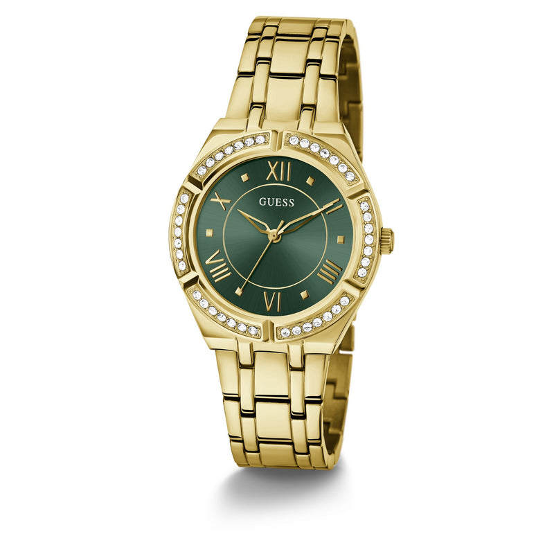 GUESS Green Cosmo Crystal Watch GW0033L8 with gold bracelet, crystal accents, and opulent green dial for a chic, timeless look.