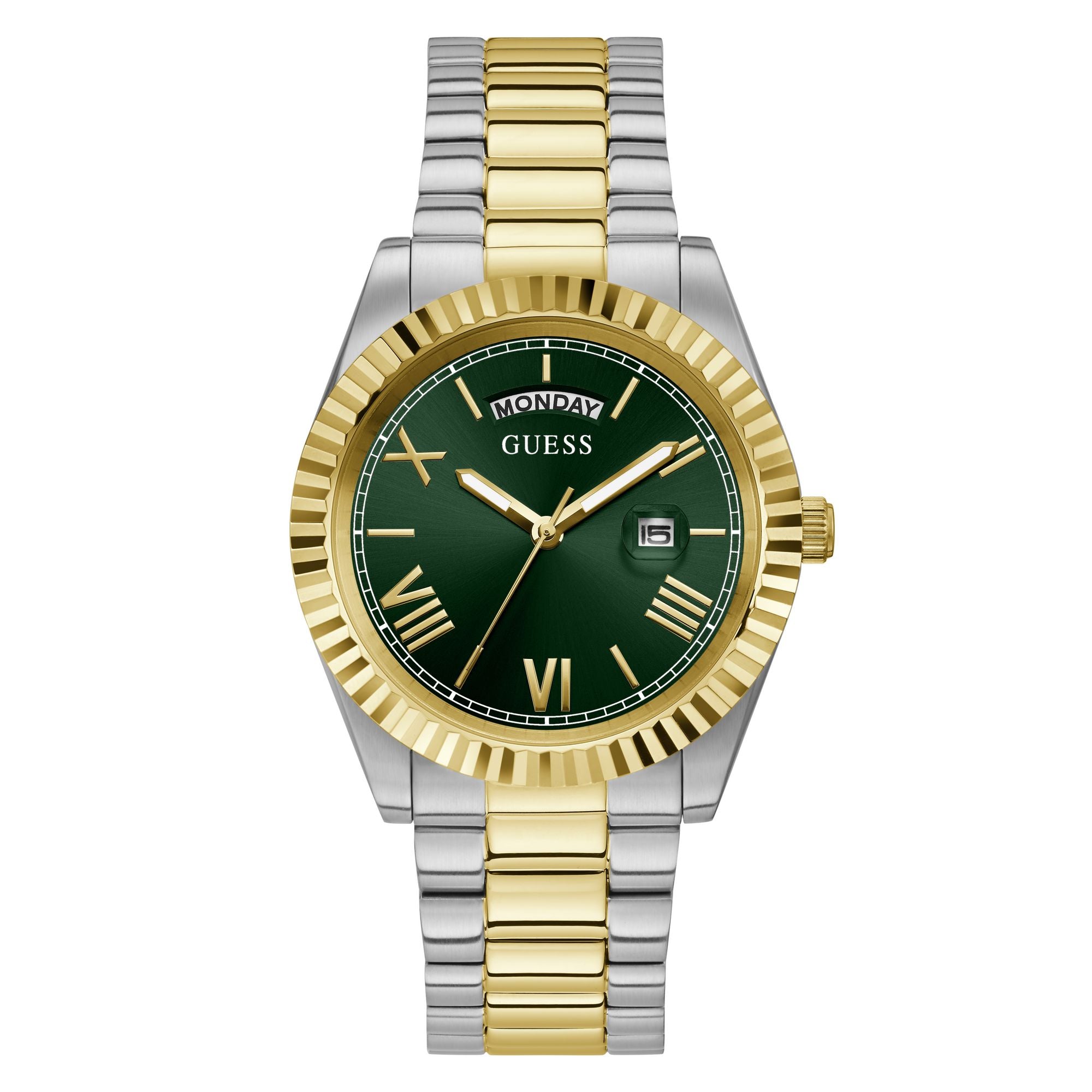 Gold Green Connoisseur Day-Date Watch GW0265G8 by Guess features a gold-tone stainless steel case and green dial with day-date display.