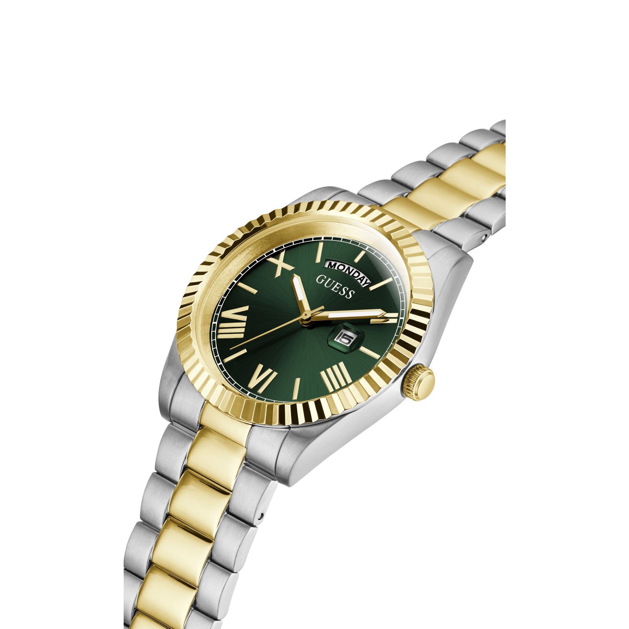 Gold Green Connoisseur Day-Date Watch GW0265G8 by Guess features a gold-tone stainless steel case and green dial with day-date display.