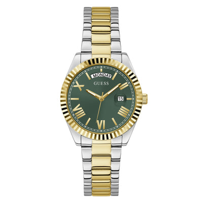 Guess Gold Green Luna Day-Date Watch GW0308L5 with a gold-tone coin-edge bezel, green dial, and two-tone bracelet.