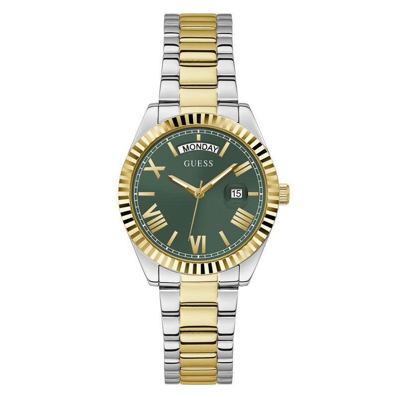 Guess Gold Green Luna Day-Date Watch GW0308L5 with a gold-tone coin-edge bezel, green dial, and two-tone bracelet.