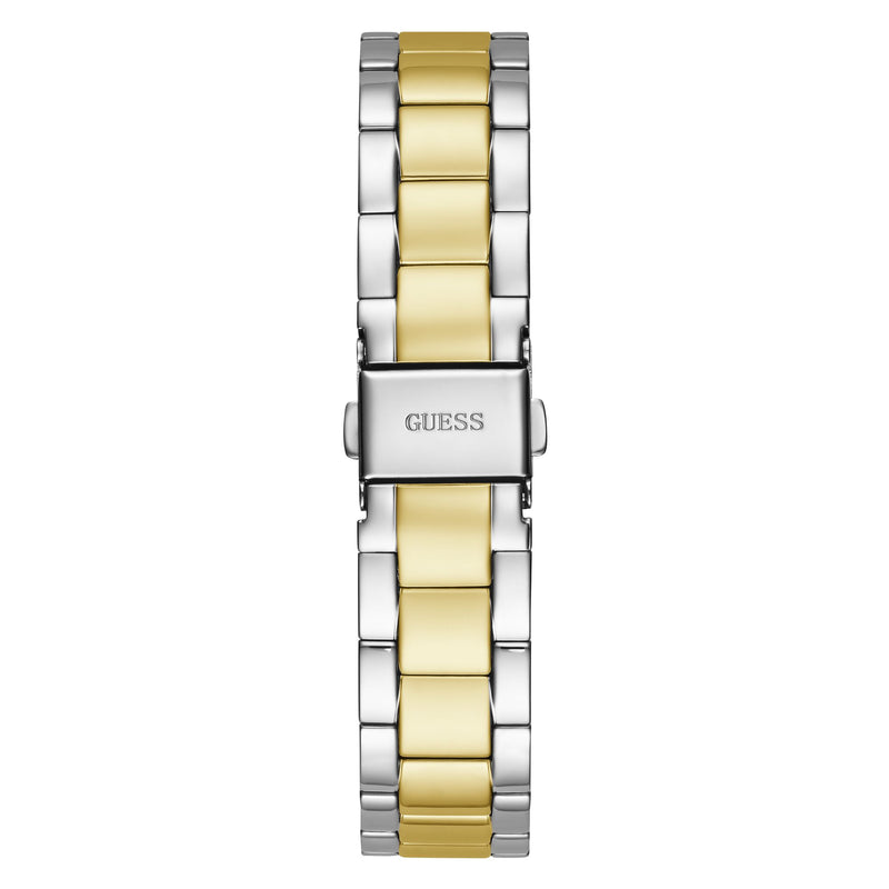 Guess Gold Green Luna Day-Date Watch GW0308L5 with a two-tone gold and silver bracelet and engraved Guess logo on the clasp.