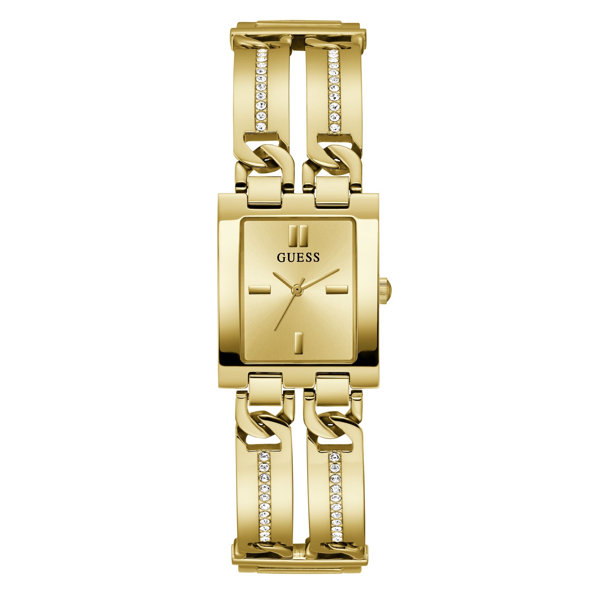 Guess Gold-Tone Square Analog Watch GW0668L2 with a 24mm champagne dial and gold-tone bracelet for a chic, elegant style.