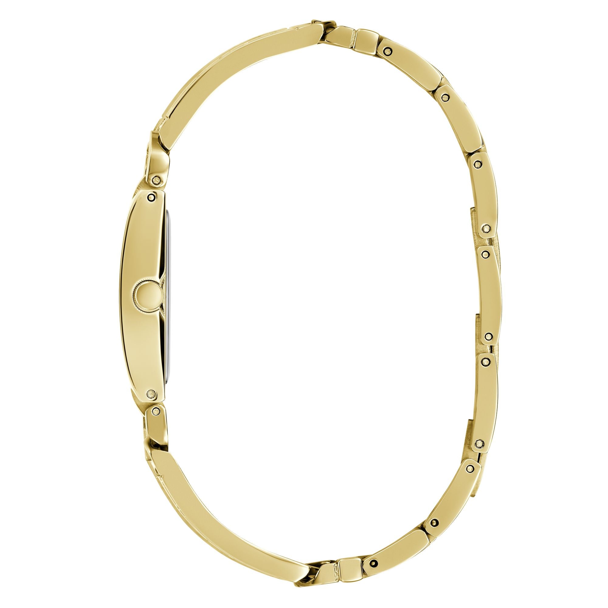 Side view of the Guess Gold-Tone Square Analog Watch GW0668L2, showcasing its sleek gold-tone case and elegant bracelet design.