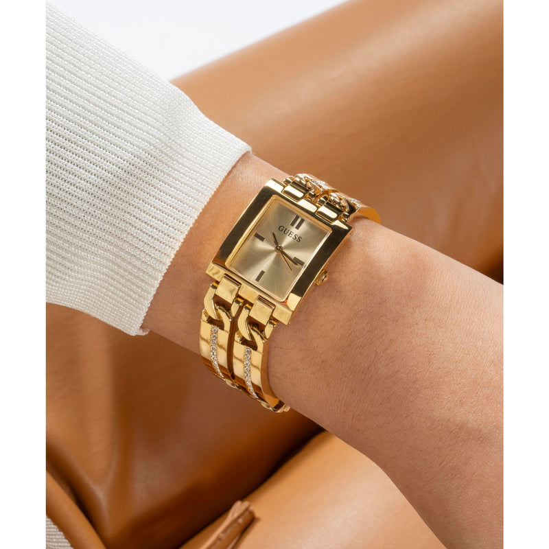 Guess Gold-Tone Square Analog Watch GW0668L2 with a 24mm champagne dial and gold-tone bracelet, blending elegance and style.