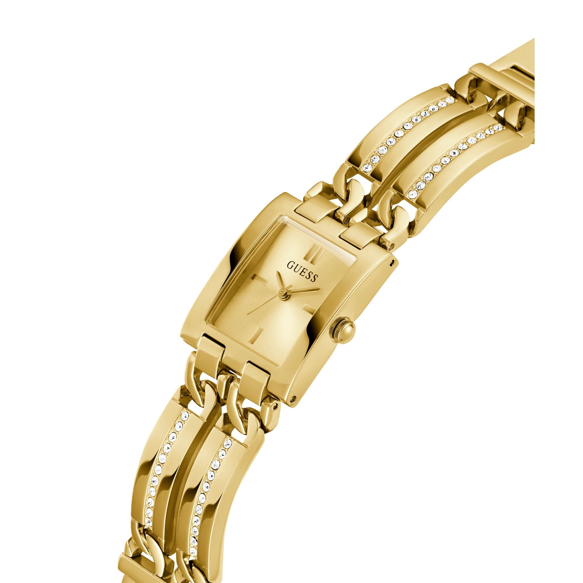 Guess Gold-Tone Square Analog Watch GW0668L2 with a 24mm champagne dial and crystal-accented gold-tone bracelet for elegance.