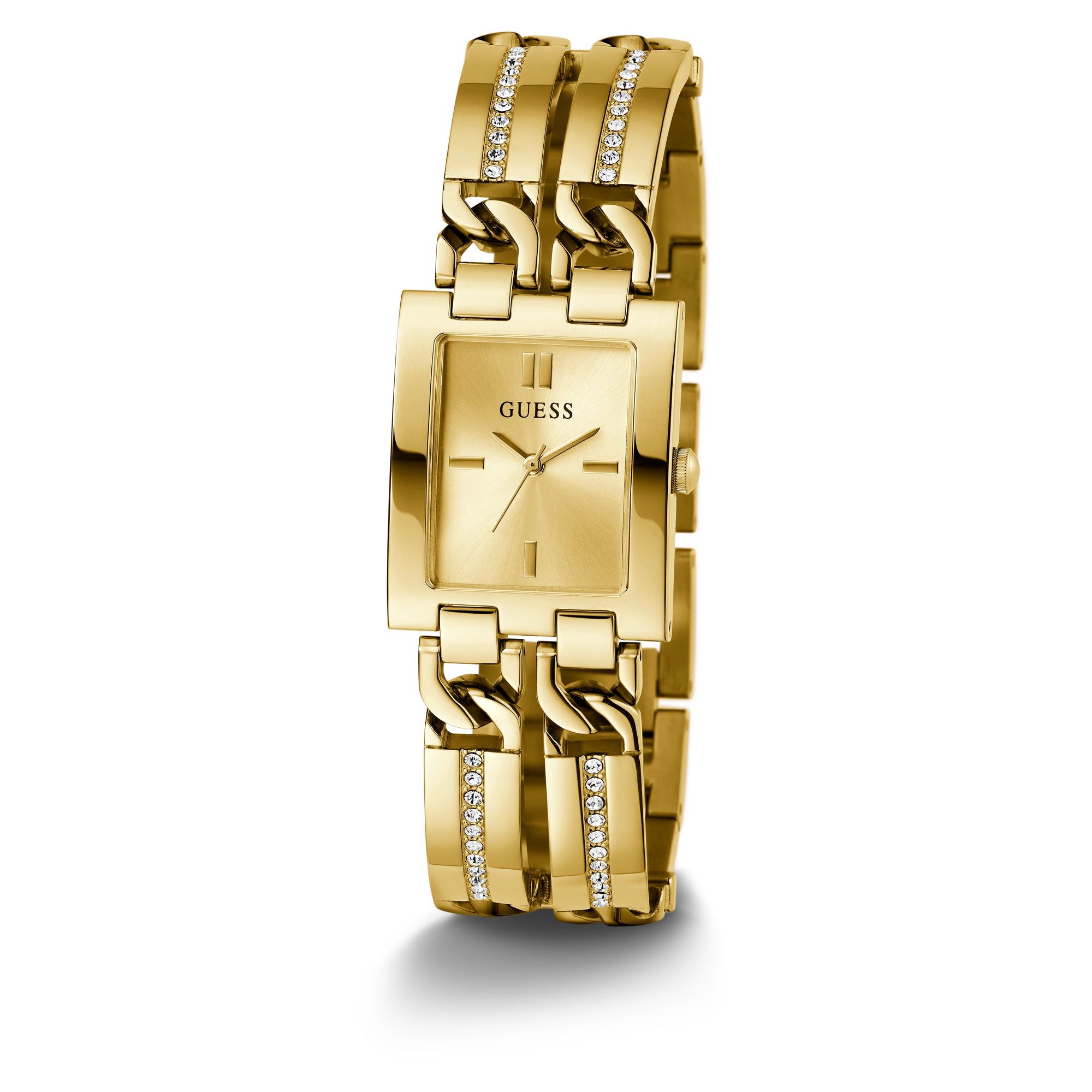 Guess Gold-Tone Square Analog Watch GW0668L2 with a 24mm champagne dial and gold-tone bracelet for a chic, elegant look.