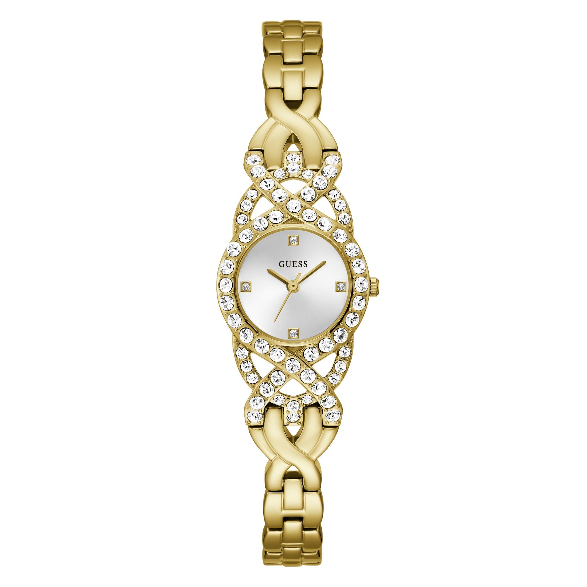 Guess Adorn Gold-Tone Analog Watch GW0682L2 with crystal bezel, silver dial, and elegant gold-tone g-link bracelet by GUESS.
