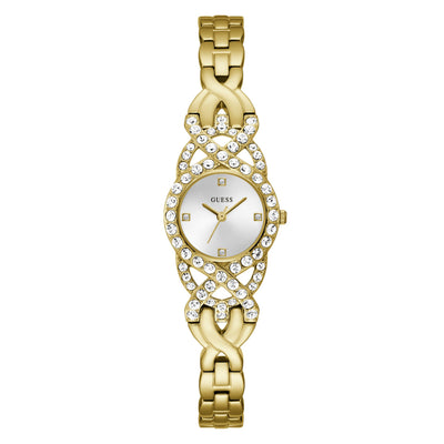 Guess Adorn Gold-Tone Analog Watch GW0682L2 with crystal bezel, silver dial, and elegant gold-tone g-link bracelet by GUESS.