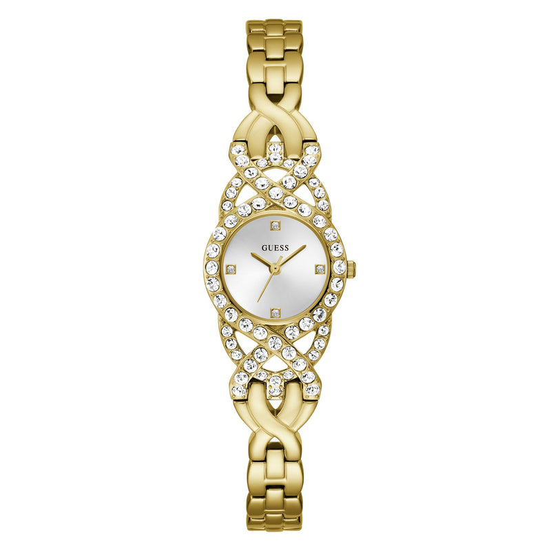 Guess Adorn Gold-Tone Analog Watch GW0682L2 with crystal bezel, silver dial, and elegant gold-tone g-link bracelet by GUESS.