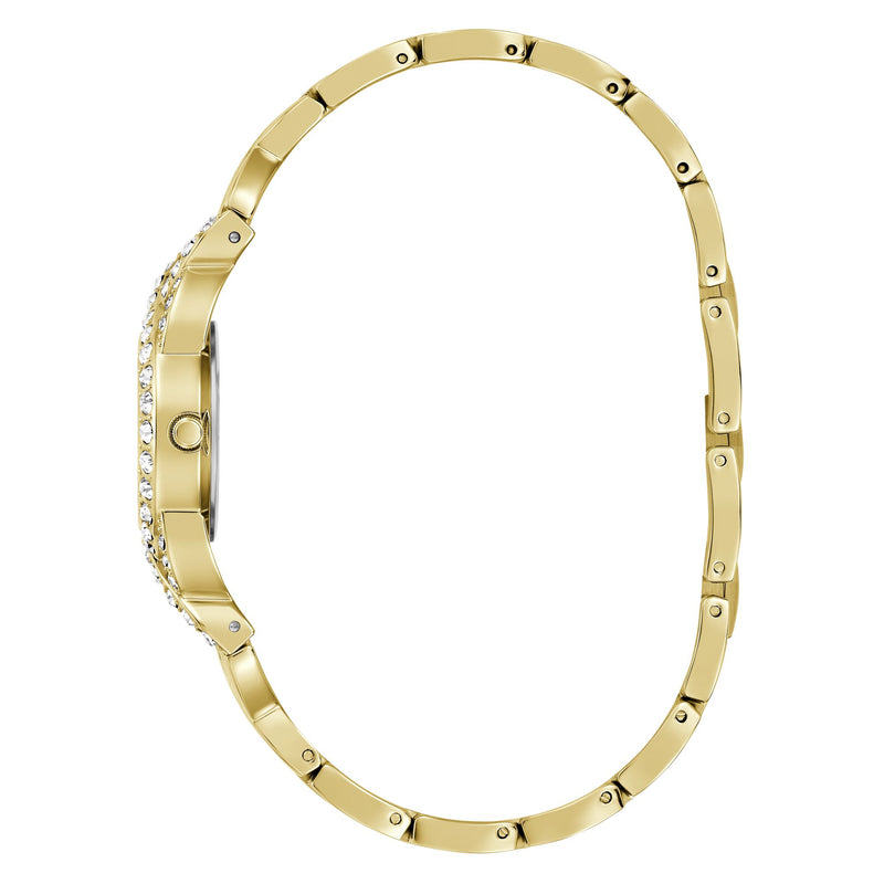 Side view of Guess Adorn Gold-Tone Analog Watch GW0682L2 with crystal-accented bezel and sleek gold-tone g-link bracelet.