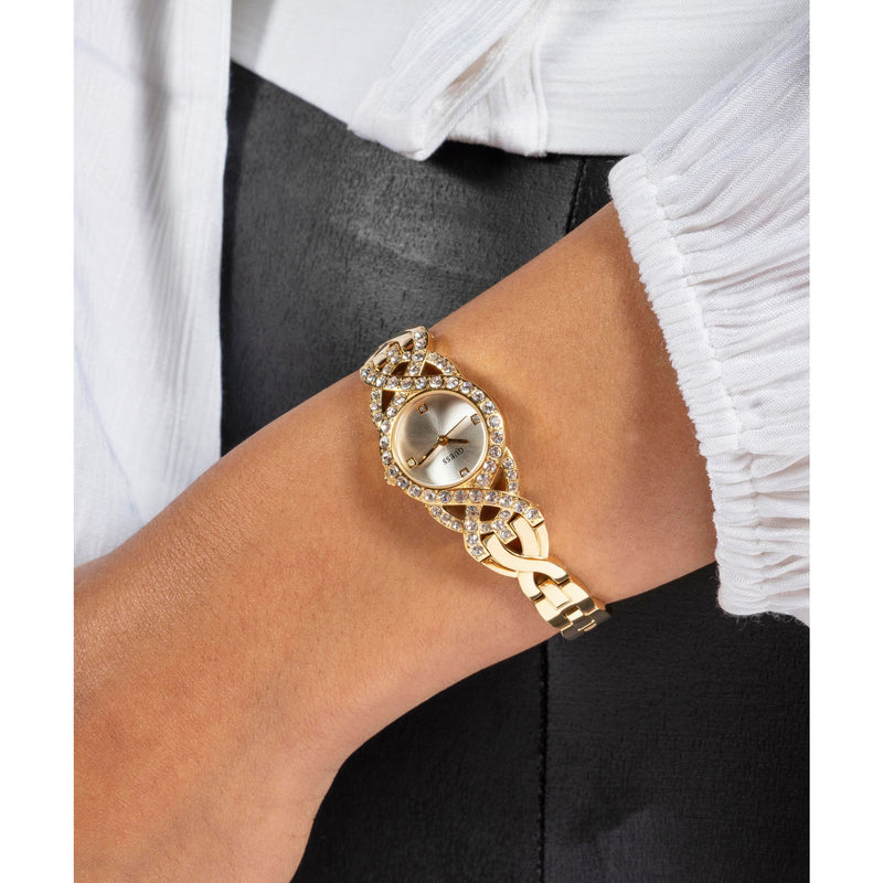 Guess Adorn Gold-Tone Analog Watch GW0682L2 with crystal bezel and gold-tone g-link bracelet, featuring a 23mm silver dial.