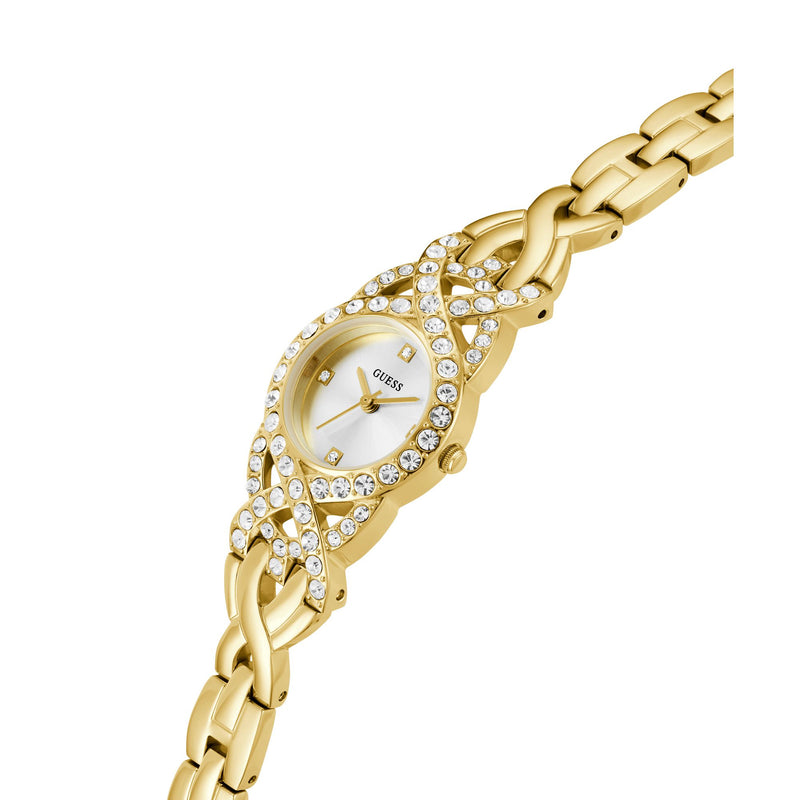 Guess Adorn Gold-Tone Analog Watch GW0682L2 with a crystal-embellished bezel, silver dial, and gold-tone g-link bracelet.