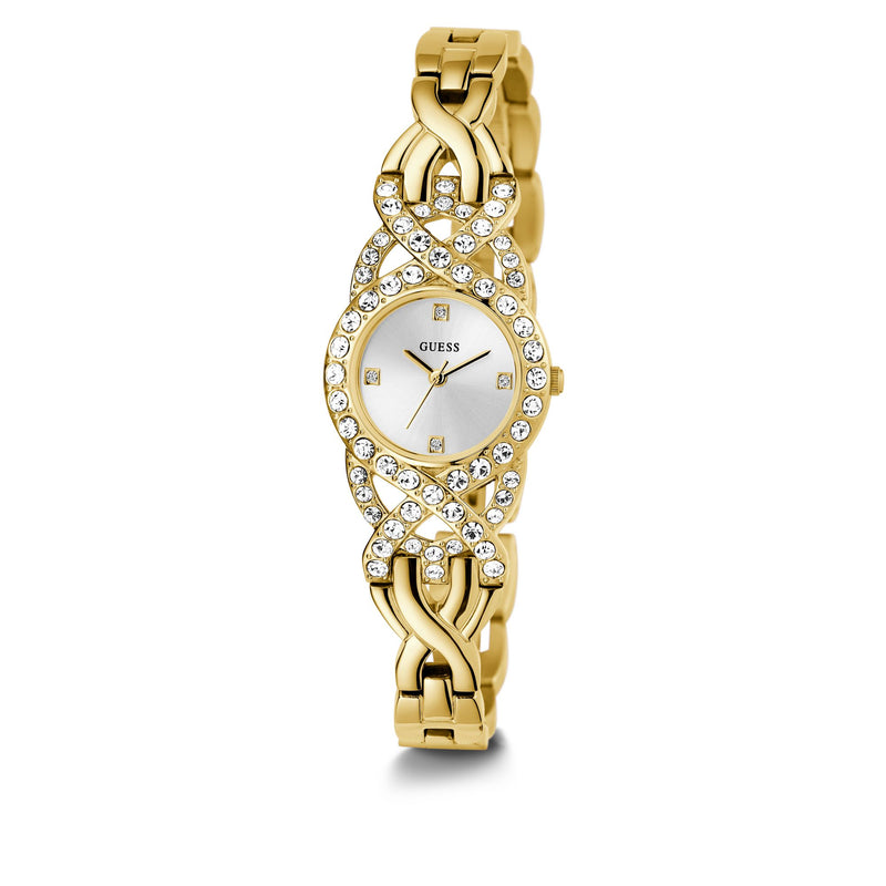 Guess Adorn Gold-Tone Analog Watch GW0682L2 features a crystal-adorned bezel, silver dial, and gold-tone g-link bracelet.