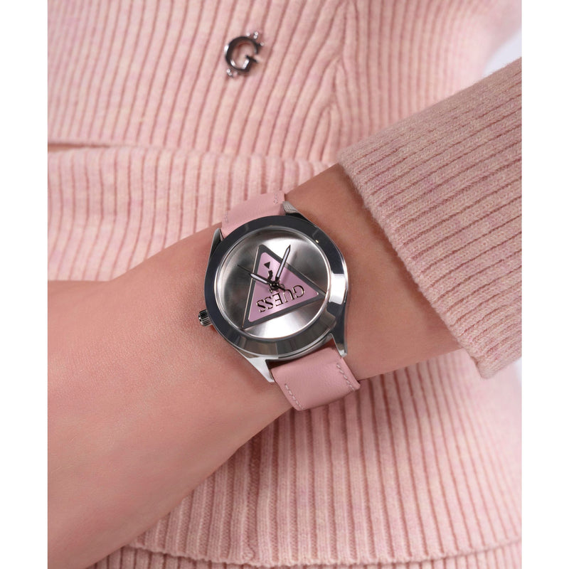 Guess Tri Plaque Silver Pink Leather Strap Watch GW0744L1