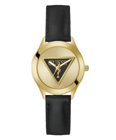 Guess Tri Plaque Gold Black Leather Strap Watch GW0744L2
