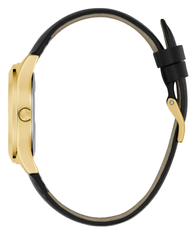 Guess Tri Plaque Gold Black Leather Strap Watch GW0744L2