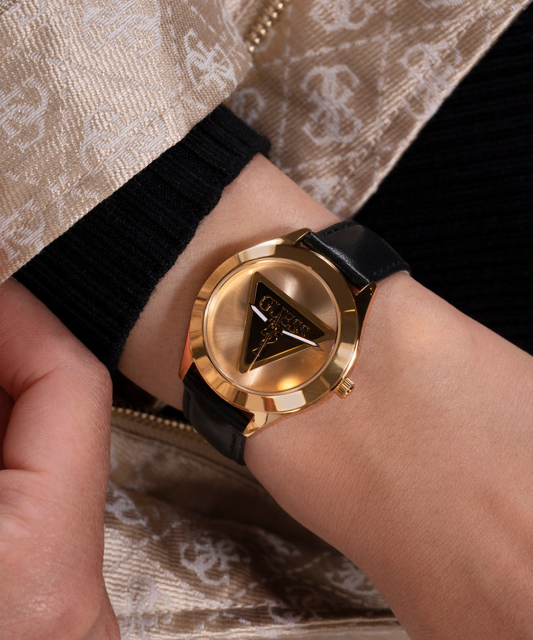 Guess Tri Plaque Gold Black Leather Strap Watch GW0744L2
