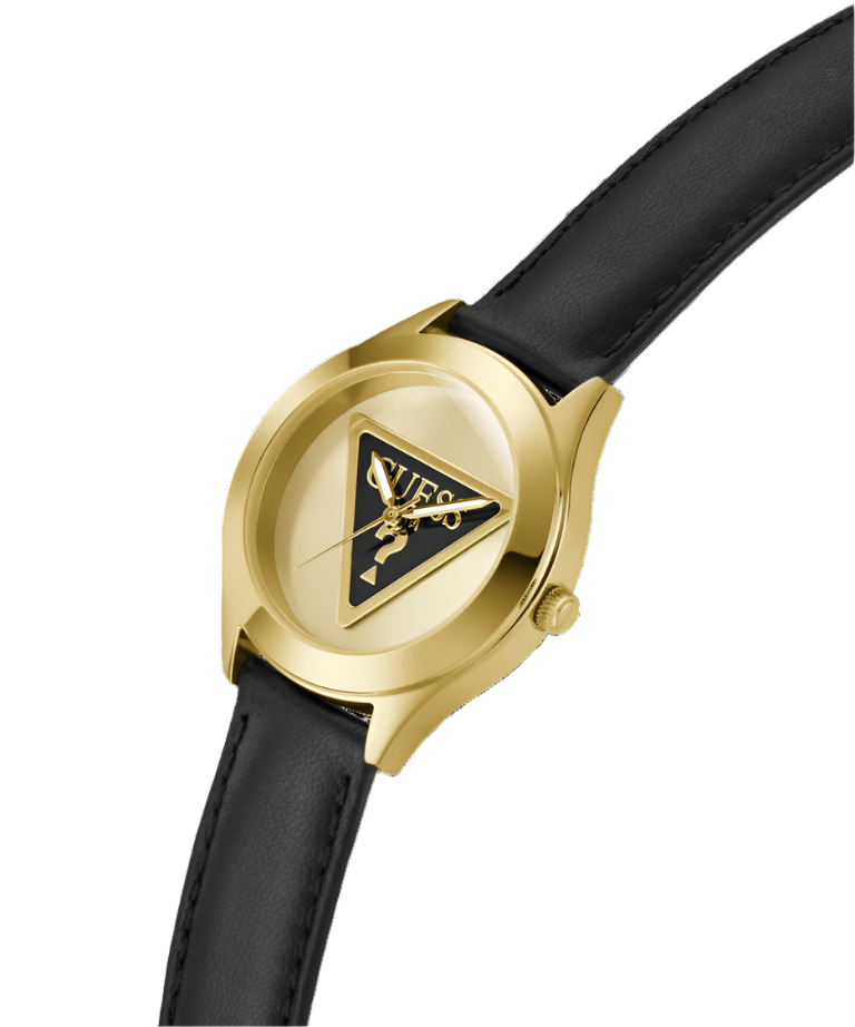 Guess Tri Plaque Gold Black Leather Strap Watch GW0744L2